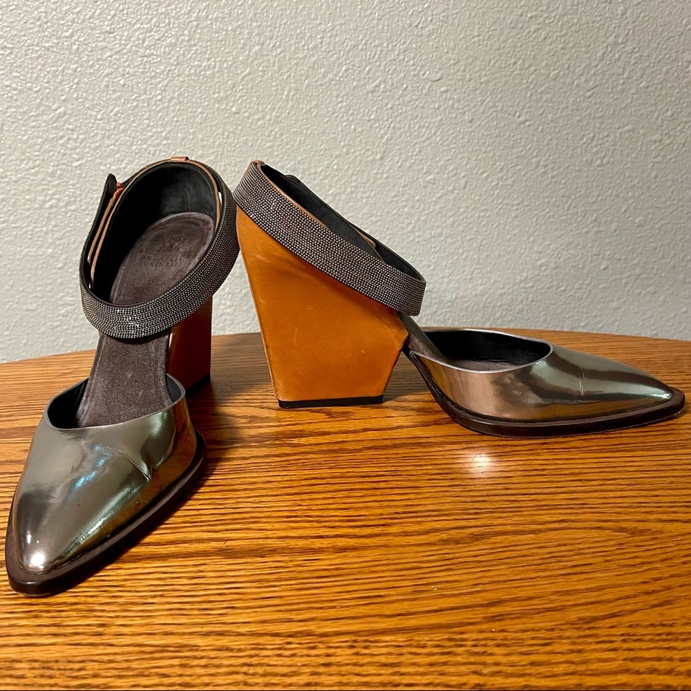 Brunello Cucinelli Metallic Silver Monili-Strap d'Orsay Heels
